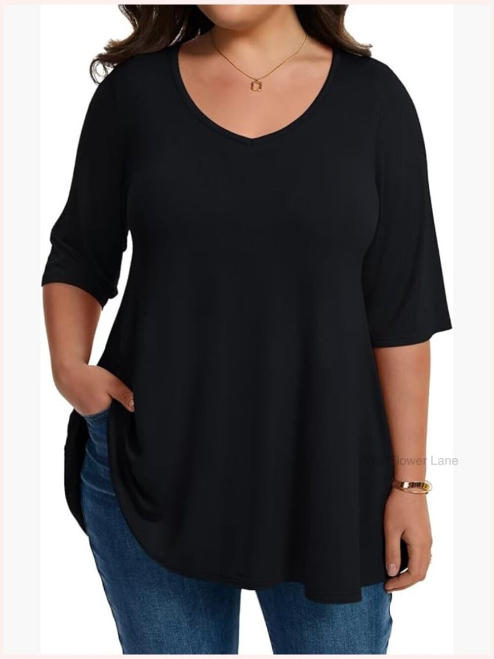 Plus Size V-Neck Elbow Sleeve Tunic Top Flowy Blouse for Women